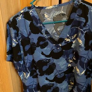 Floral Blue and Black V-Neck Top